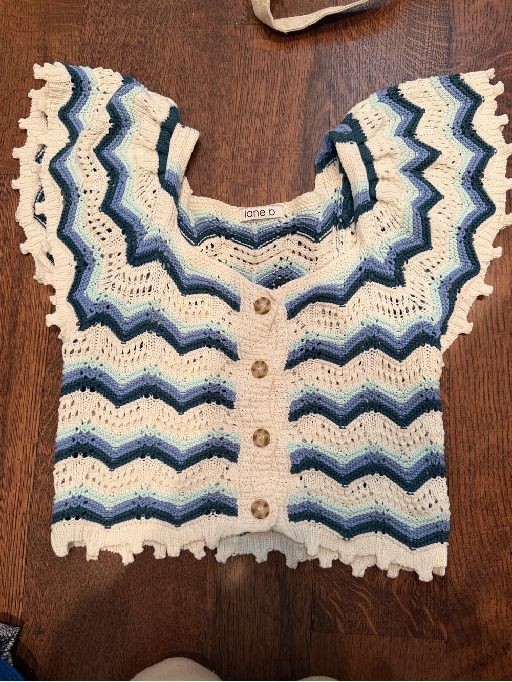 Lane b Women’s Crochet Button-Front Top in Cream and Blue